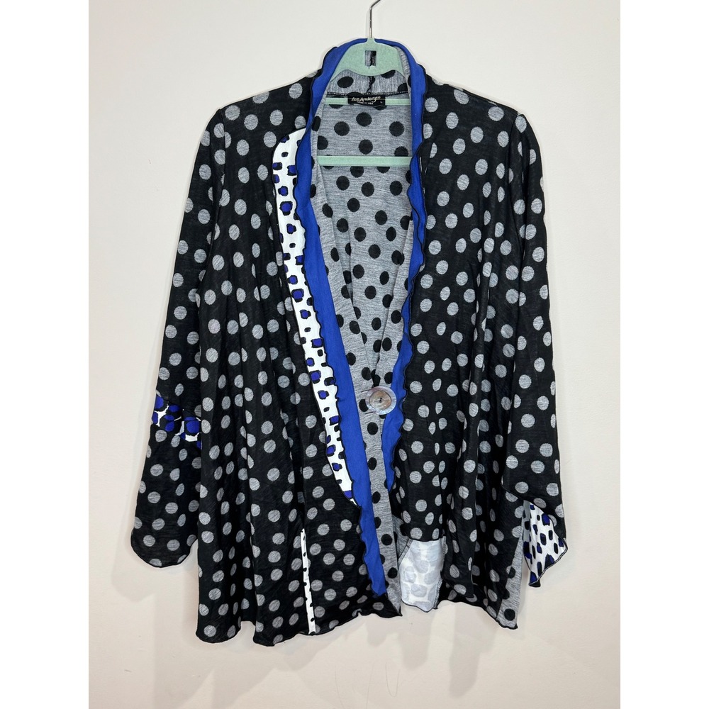 Lee Andersen Polka Dot Wearable Art Blue Animal Print One Button Top Sz L